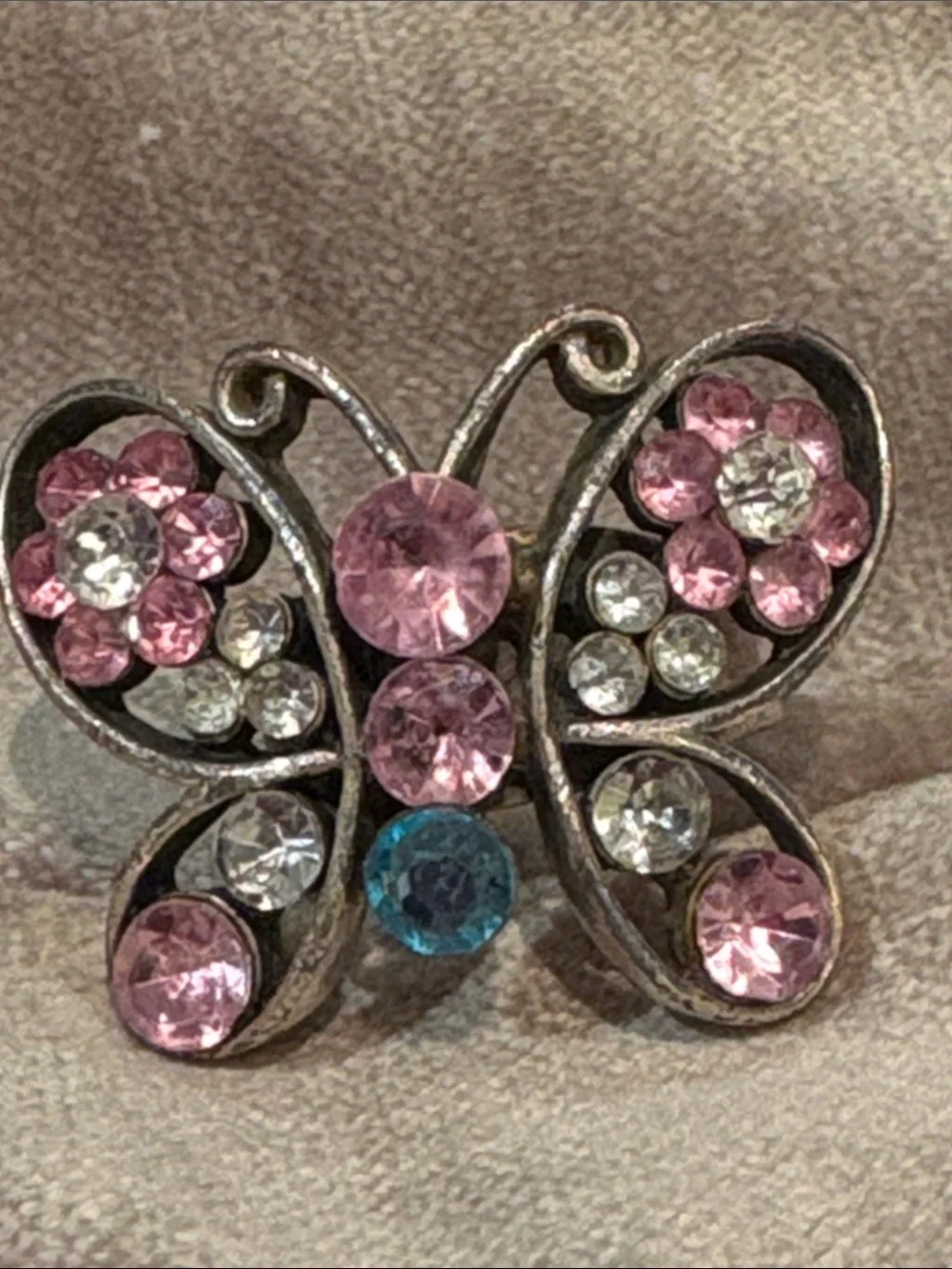 Vintage Pink and Clear Butterfly Ring size 7 adjustable